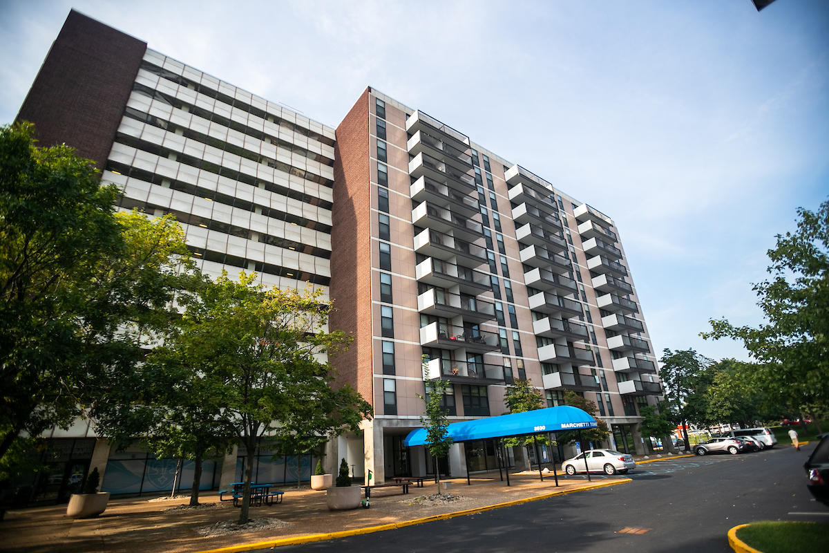 Exterior view from the parking lot of Marchetti West Tower