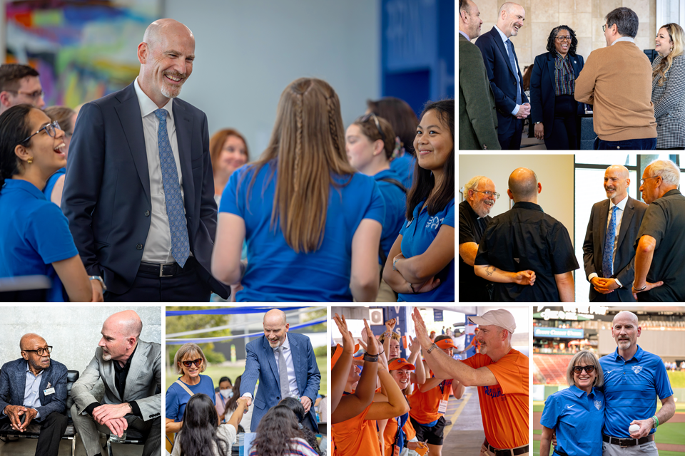 A collage of photos featuring Dr. Edward Feser and his wife, Kathy, interacting with members of the SLU community.