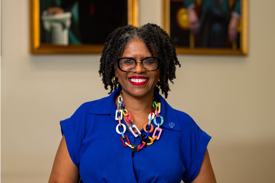 Dean Johnson poses in the courtroom at Scott Hall