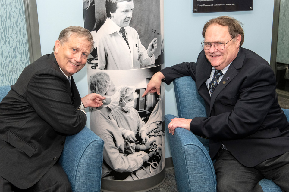 Keith Naunheim, M.D., (left), and Charles Andrus, M.D., (right), pioneering one of the earliest laparoscopic cases at Saint Louis University Hospital.