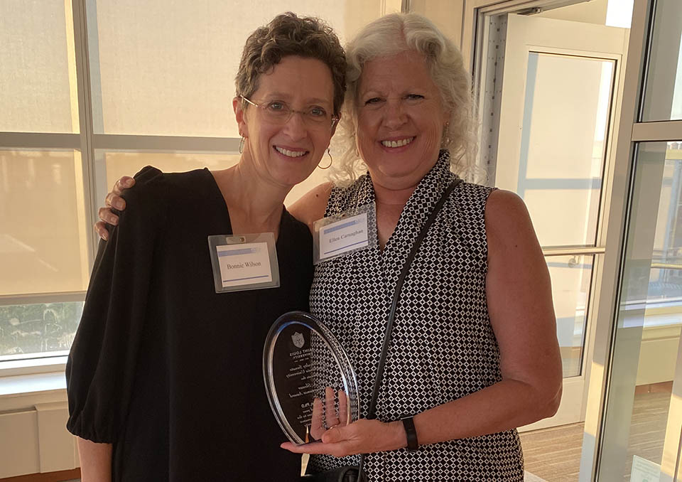 Bonnie Wilson, Ph.D., left, won the 2024 The John A. Slosar Shared Governance Award. She is pictured with fellow faculty membmer Ellen P. Carnaghan, Ph.D. Photo submitted.