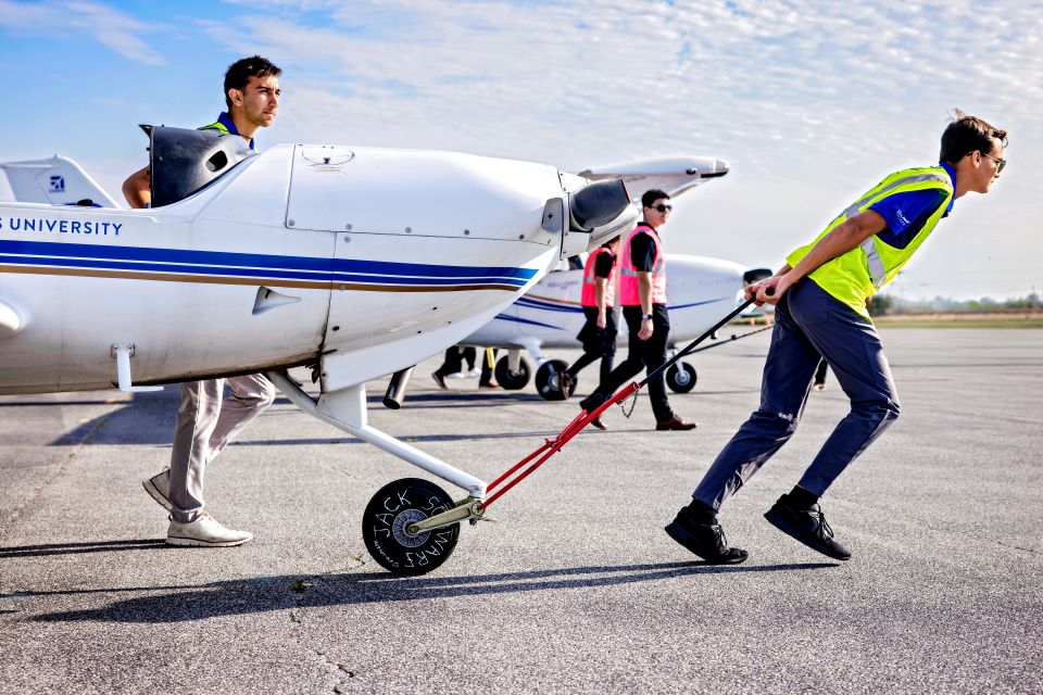 SLU pilots prepare a plane for the landing event in the 2025 National Intercollegiate Flying Association Competition's Region VI and VIII SAFECON event hosted at St. Louis Downtown Airport on Oct. 15, 2025. 