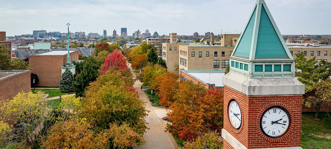 An aerial view of campus looking up West Pine Mall from the top of the clock tower.